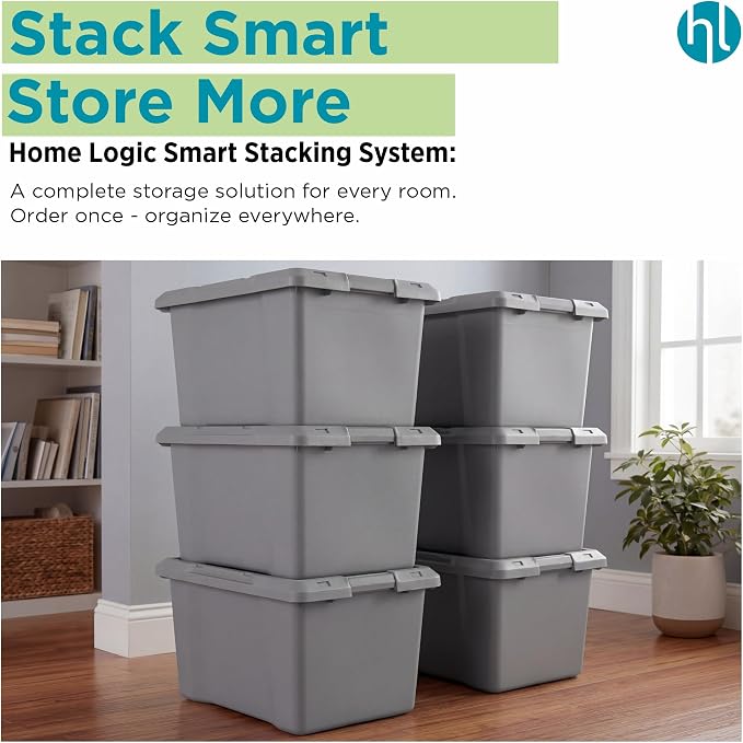 Home Logic 19 Gallon Latched Storage Tote with Lid, Plastic Bins with Lids, Moving Boxes for Garage Organization, Closet Organizer & Home Organization, 6 Pack, Gray