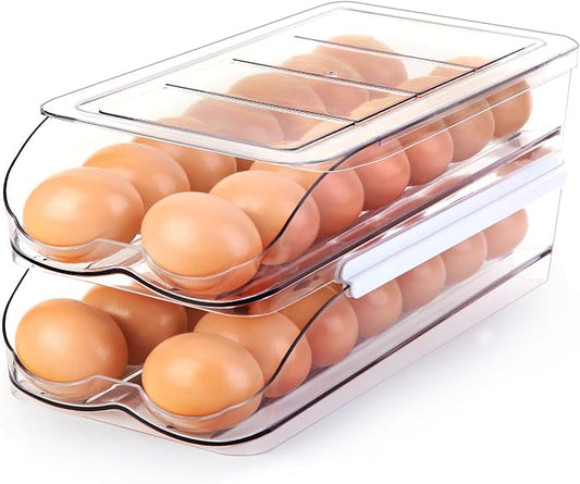 RoskDeewat Egg Holder for Fridge, Automatic Rolling Egg Container -2 Tier | Stackable Fridge Organizers and Storage with Lid, Sturdy Clear Plastic Egg Dispenser & Tray for Refrigerator