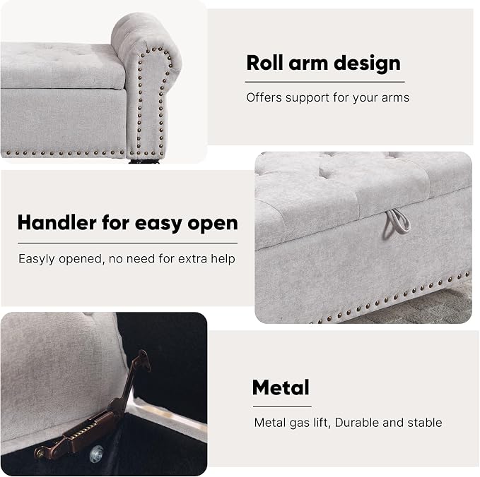 51" Storage Bench for Bedroom, Chenille End of Bed Bench, Queen Size Bench with Rolled Arms, Tufted Storage Ottoman Benches, Upholstered Bench for Bedroom, Living Room, Entryway, Light Grey