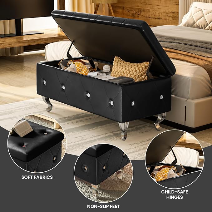 Recaceik Ottoman with Storage, Small Upholstered Storage Bench for Bedroom, Ottoman Bench with Legs for Living Room, End of Bed, Entryway, Window, Black