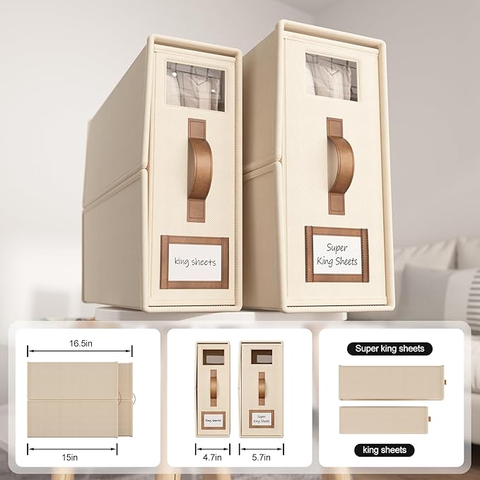 6 Pack Foldable Bed Sheets Set Organizers and Storage(Cal King Size),Linen Fabric Closet Organizers with Window,Folding Bedding Storage Box for Bedsheets and Pillow Cube Organizer-Beige