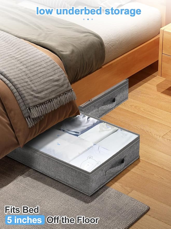 punemi 5 inch High Soft Fabric Low Profile Under Bed Storage, 2 Pack, Grey | Thin Clothes Storage Containers with 3 Handles & Clear Lid, Ideal for Bedding & Blankets, Fits Under Cribs, Sofas & Dorm Beds