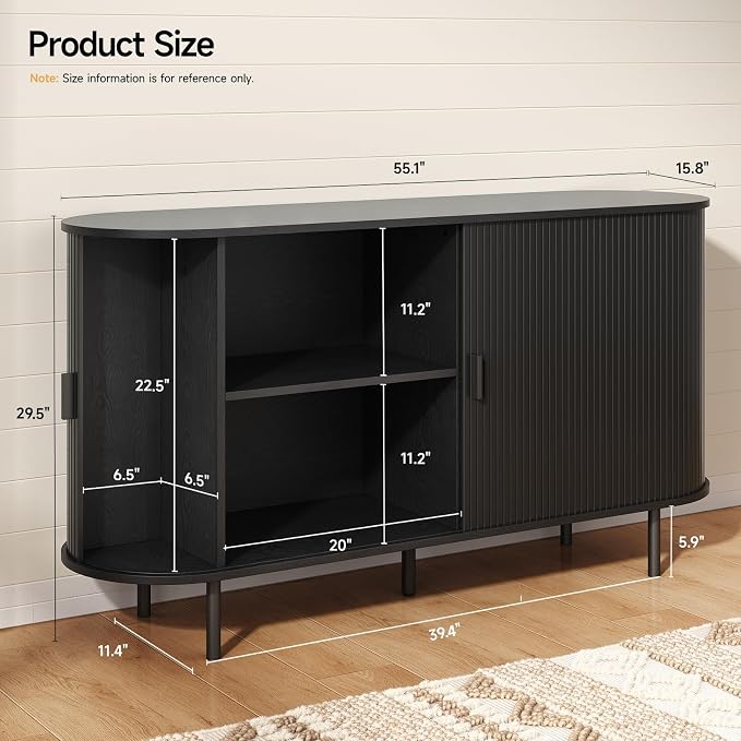 55" Sideboard Buffet Cabinet with Storage, Storage Cabinet with Sliding Door & Adjustable Shelf, Modern Accent Coffee Bar Cabinet Console Table for Kitchen, Entryway, Black