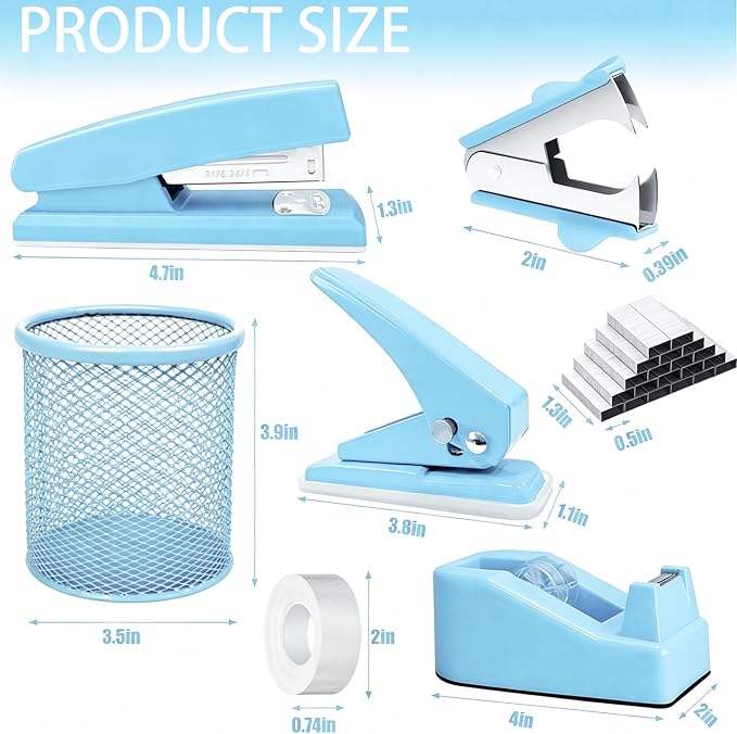 JIZHIYUAN Blue Desk Accessories Set - 16 Pcs Blue Office Supplies with Stapler, Tape Dispenser, Pen Holder, Staple Remover, Hole Punch, Practical Aesthetics Desk Sets for Office, Home, School Women