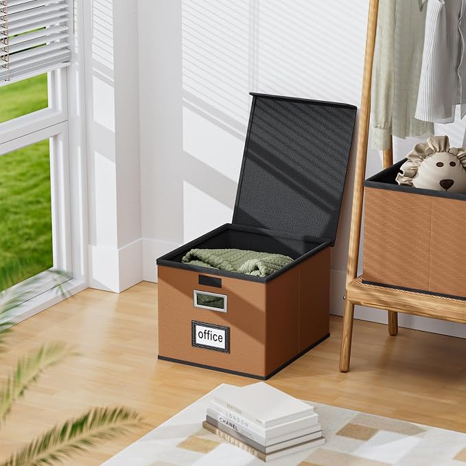 File Organizer Box with Lids, Collapsible File Folder Organizer | File Box with Plastic Slides for Document, Filing Bin for Letter Size Hanging File Folders (2 Pack, Caramel, Leather)
