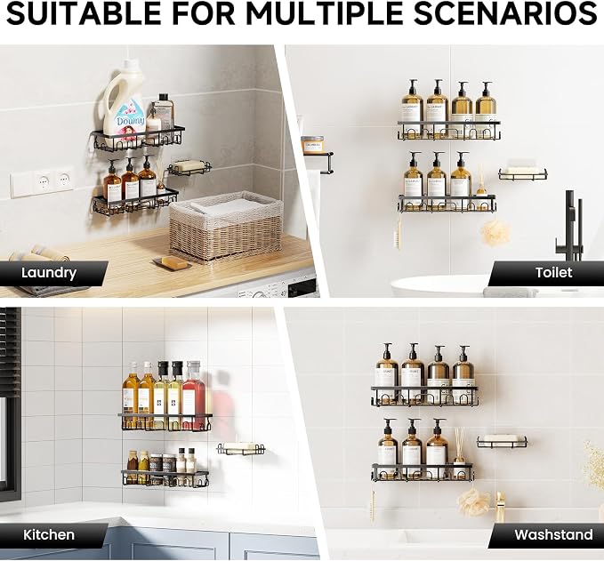 Shower Caddy, 3 Pack Shower Shelves for Inside Bathroom, Rustproof Adhesive Bathroom Organizer with Soap Holder, No Drilling Washroom Organizers and Storage for Bathtub Room/Kitchen/Home, Black