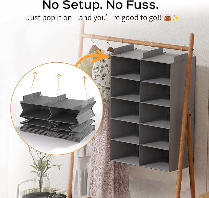 5 Tier Hanging Closet Organizer, Dual Row Wardrobe Storage with Hooks, Grey | 158.3L Extra-Large Closet Storage, Strong Hooks & Thick Fabric Hold Heavy Garments, Foldable Design Saves Closet Space.