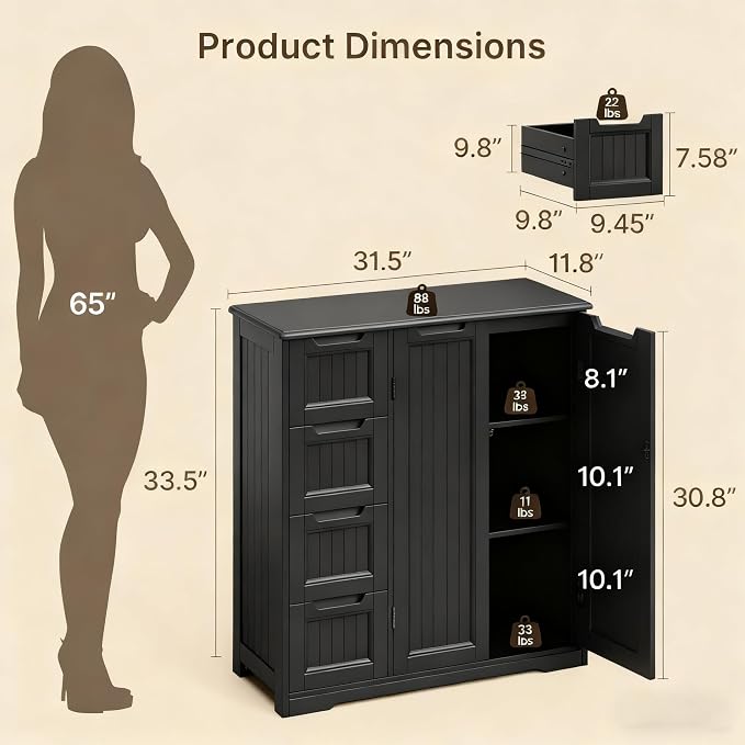 Gizoon Wooden Bathroom Floor Cabinet, Side Storage Organizer Cabinet | Bathroom Storage Cabinet with 4 Drawers & 2 Doors, Adjustable Shelf, Anti-tipping, for Entryway, Living/Dining Room, Black