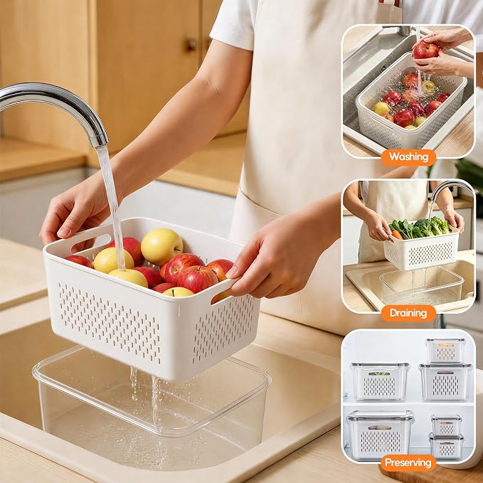 JSCARES Fruit Storage Containers for Fridge with Removable Colander, 6 Pack | Plastic Produce Saver for Refrigerator, Fruit Organizers Keep Berry Veggie Fresh Longer, Dishwasher Safe, Largest 6.55 Quart