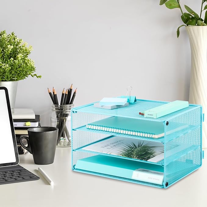 Paper Organizer Tray, 3 Tier Mesh Desk File Organizer Letter Sorter Holder for Home Office, Blue