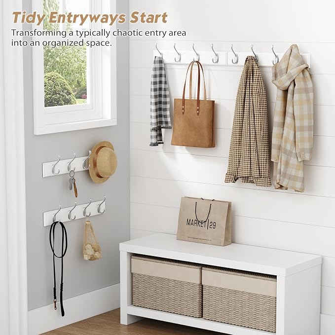 Forbena White Coat Rack Wall Mount 4-Pack, Coat Hanger Wall Mounted for Hanging Clothes Purse, Modern Key Holder Hooks for Closet Hat, Belt, Bag, Backpack, Leash (White and Silver - 16 Hooks)