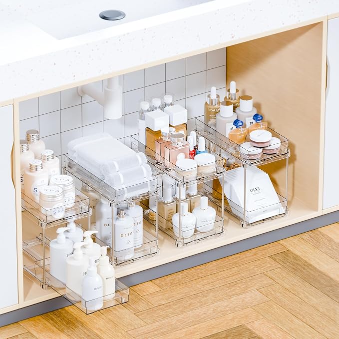 2 Tier Pull Out Cabinet Organizer and Medicine Cabinet Storage for Supplement,Vitamin,Medication and Pill Bottle,10.4" Deep Pantry Organizers Drawer,Under Sink Organizer for Bathroom,Cupboard