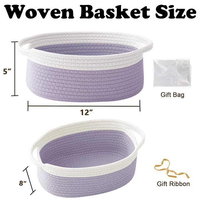 Woven Rope Basket - Baby Gift Basket with Bag & Ribbon, White&Purple | Cotton rope with handle, 12 x 8 x 5 in, gift bag and ribbon, for baby shower, birthday, toy storage, nursery, shelf decor