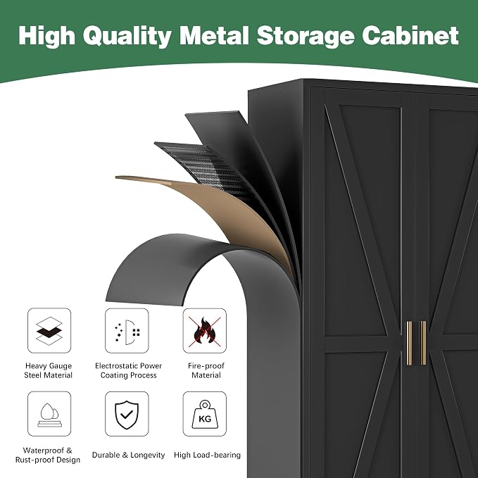 Bevivog 71" Kitchen Pantry Cabinet, Metal Storage Cabinet with 2 Doors and 4 Adjustable Shelves, Farmhouse Black Metal Pantry Cabinets Storage for Kitchen, Home Office,Garage, Laundry Room
