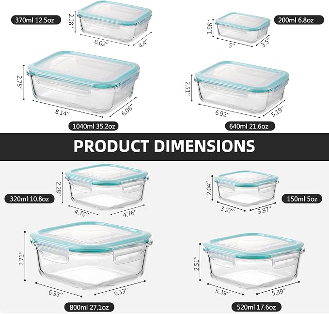 Liuruiyu Glass Food Storage Containers with Lids, 8 Pack Meal Prep Containers, Airtight Bento Boxes with Leak Proof Locking for Microwave, Oven, Freezer and Dishwasher, BPA Free（5oz to 36oz）