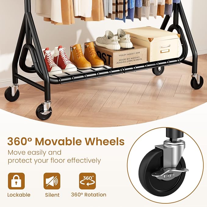 Heavy Duty Clothes Rack for Hanging Clothes, Double Rods Clothing Rack with Lockable Wheels, Rolling Garment Racks with Shelf, Easy to Assemble, Black