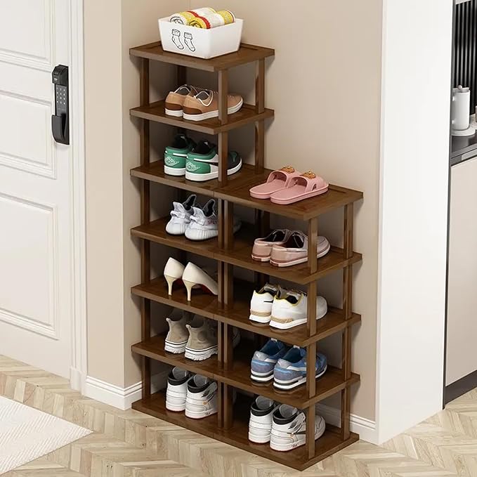 AFOORD Vertical Shoe Rack-Tall Narrow Shoe Rack Organizer for Small Spaces,12Tier Bamboo Shoen Shelf for Entryway,Closet,Corner,Doorway,Skinny Shoe Shelf Space Saving Shoe storage,Free Stackable DIY
