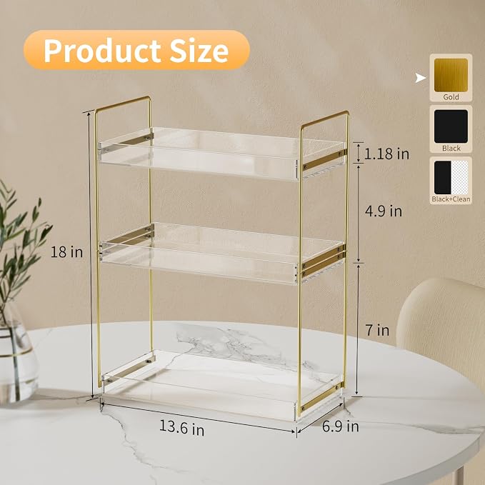 Bathroom Countertop Organizer, 3 Tier Acrylic Tray Vanity Counter Skincare Organizer Shelf, Kitchen Under Sink Standing Rack, Home Storage Holder for Lotion Makeup Cosmetics Perfume Spice, Gold | Kitchen Under Sink Standing Rack, Home Storage Holder fo...