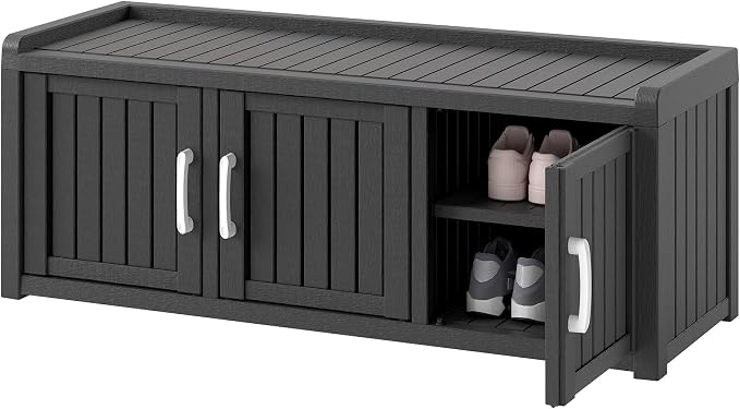 NUNU LAB Shoe Storage Cabinet, Waterproof Shoe Organizer with Adjustable Shelves, UV-Resistant Entryway Shoe Cabinet Bench with 3 Barn Doors for Indoor Outdoor, Foyer, Hallway, Living Room,Black