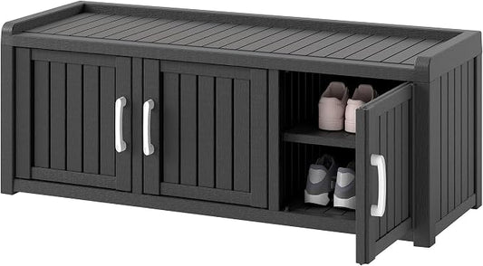 NUNU LAB Shoe Storage Cabinet, Waterproof Shoe Organizer with Adjustable Shelves, UV-Resistant Entryway Shoe Cabinet Bench with 3 Barn Doors for Indoor Outdoor, Foyer, Hallway, Living Room,Black