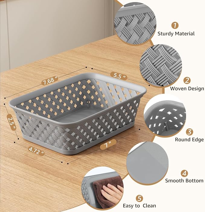 MaxGear 3 Pack Plastic Storage Baskets, Small, Grey | Durable Woven Plastic with Built-In Handles, Suitable for Shelves, Closets, Cabinets, Bathrooms and Offices