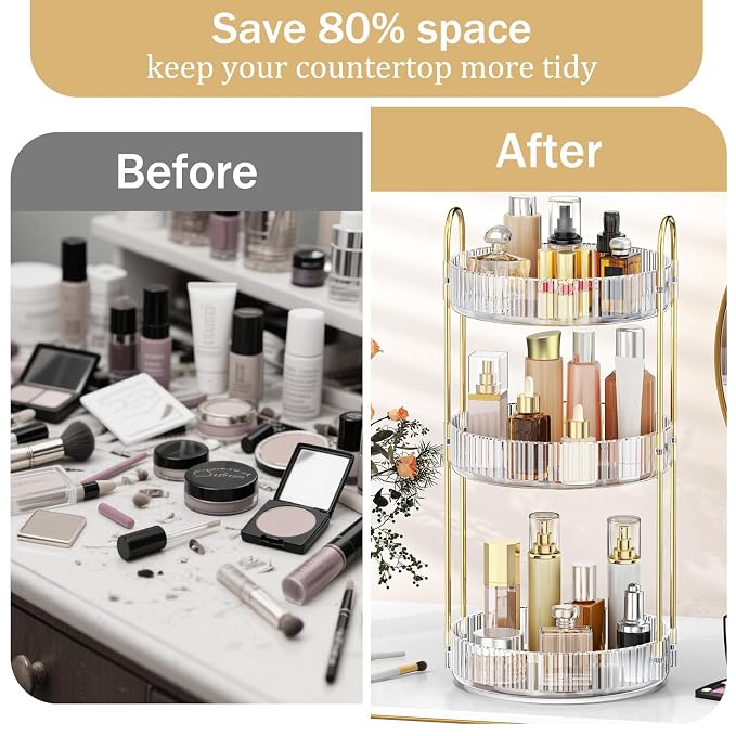 MOKANI 360 Rotating Makeup Organizer for Vanity, 3 Tier Perfume Organizer | Adjustable Multi-Function Spinning Cosmetics Skincare Storage for Bedroom, Dresser, Countertop, Clear