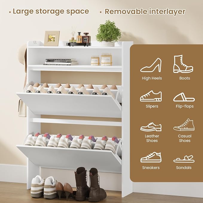 Modern Shoe Cabinet with 2 Flip Drawers & Open Storage, 31.5" W White | Freestanding shoe cabinet with flip drawers ,white design and space-saving storage for entryway,foyer & hallway.