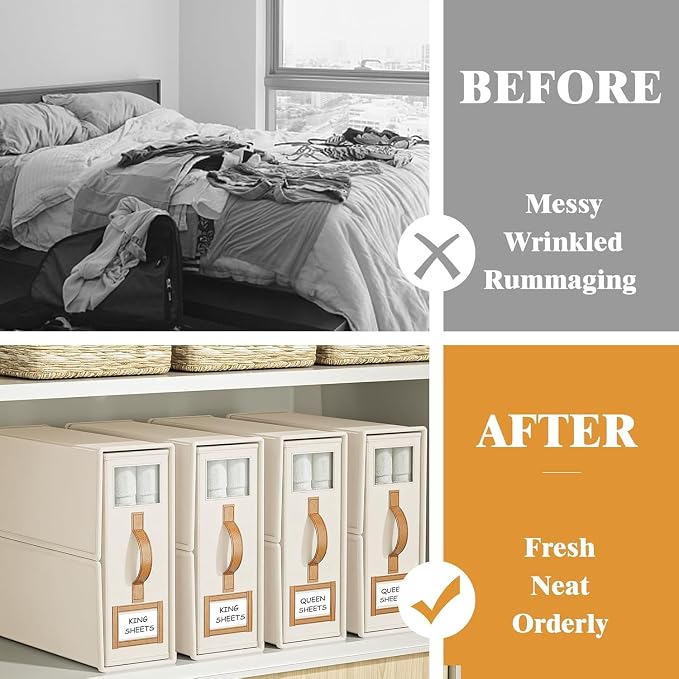 6 Pack Foldable Bed Sheets Set Organizers and Storage(King & Queen Size),Linen Fabric Closet Organizers with Window,Folding Bedding Storage Box for Bedsheets and Pillow Cube Organizer-Beige