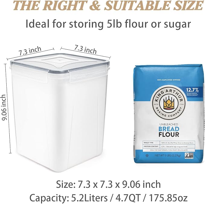 Wildone Flour Storage Containers 5.2L, 4 PCS Food Storage Containers, Gray | For Bulk Flour and Sugar Storage, Airtight Seal, BPA Free, Food Grade Material, 20 Labels Included