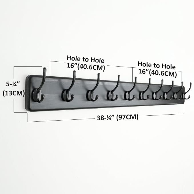 Coat Rack Wall: 38-1/4" Long, Patented, Heavy-Duty, 10-Double-Hooks Wooden Wall Mounted Coat Rack Coat Hanger Hook Rail for Winter Coats Hat Jacket Clothing, Black