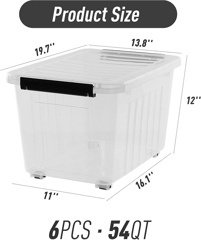 Citylife 54 Quart Large Clear Plastic Storage Bins with Lids 6-Pack | Stackable, Secure latching lids, Easy Find, Clothes Storage Bins for Closet Bedroom Garage