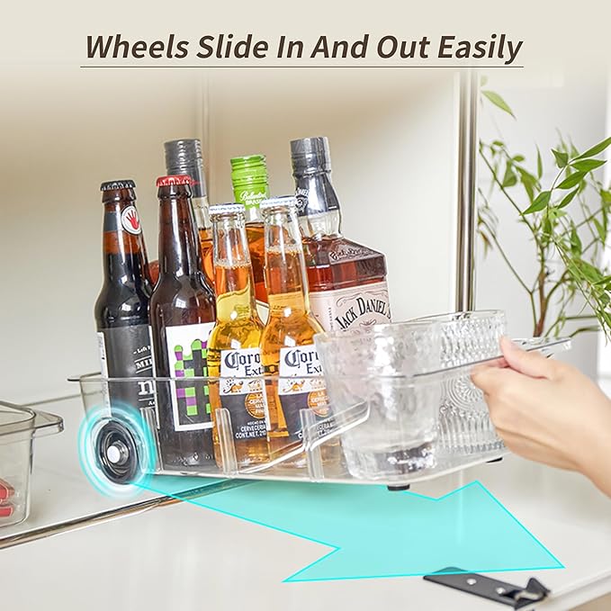 Roll-Out Refrigerator Organizers and Storage, 3 Pack Drawer Fridge Bins | Adjustable Dividers, Custom Compartments, Silicone Wheels, Smooth Sliding on Glass Shelves, Thick Plastic, Built-In Handle