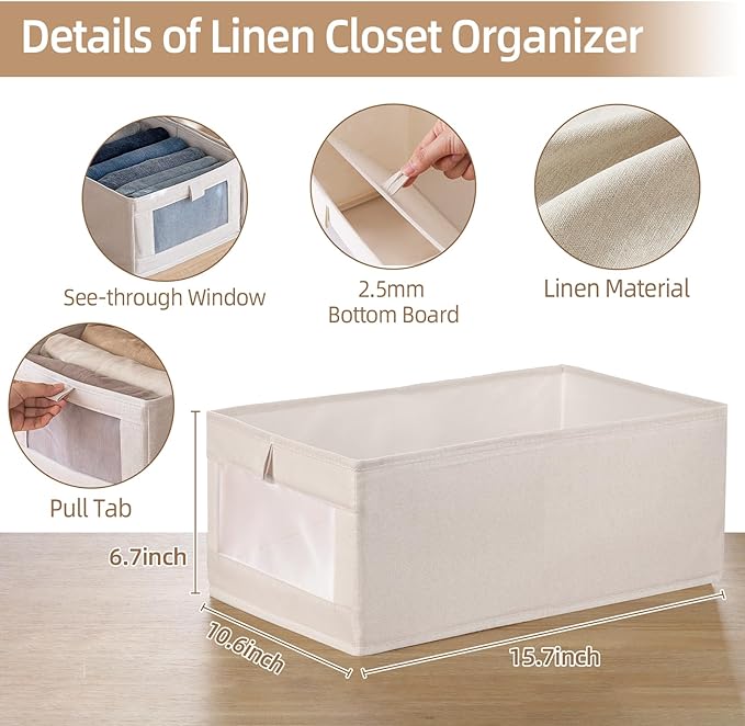 Pradnel Linen Closet Organizers And Storage, 4 Pack Storage Bins Baskets for Organization Foldable Organizer with Clear Window Organizing Clothing, Jeans, Shelves