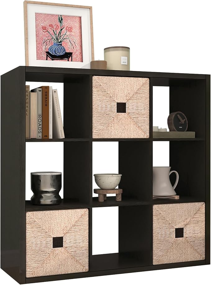 [2026 Wooden Thick Frame 9 Cube Storage Organizer Shelf with Anti-Tipping Kits + Reversible Open Back Bookcase, Horizontal and Vertical Dual-use（Chocolate,11inch）