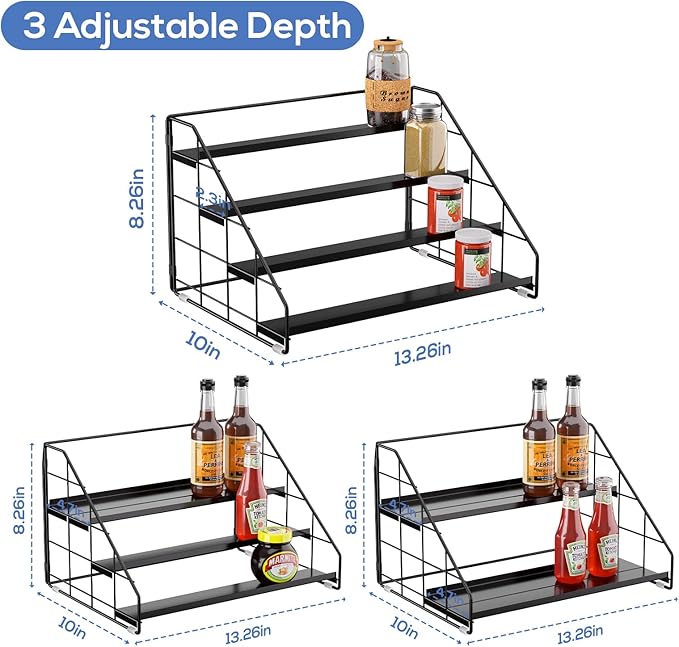 Spice Rack Organizer for Cabinet, 4 Tiered Spice Rack Organizer, Tiered Adjustable Spice Shelf for Kitchen Countertop Organization, Bright Black