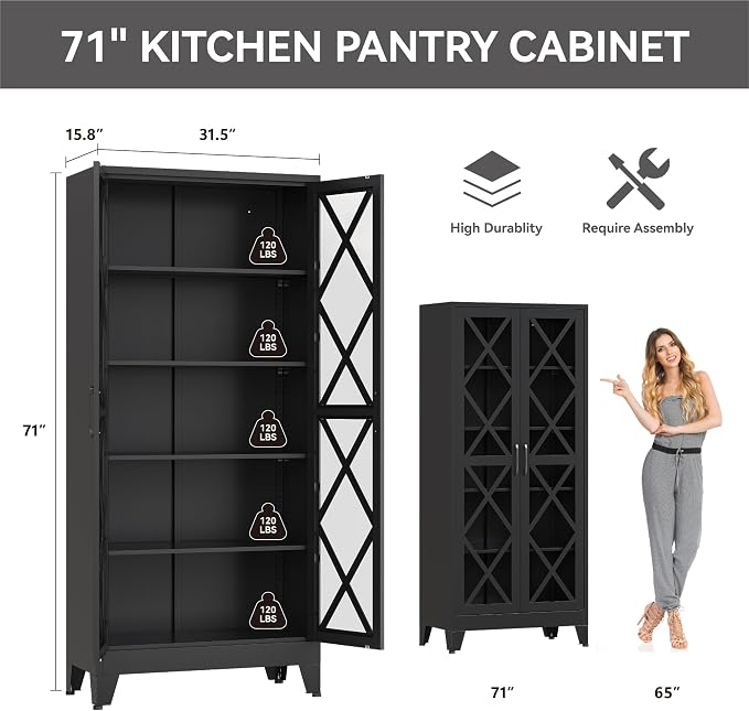 71" Tall Display Cabinet with Glass Doors, Farmhouse Metal Storage Glass Cabinet with 4 Adjustable Shelves, Black Vintage Tall Storage Cabinet for Collectibles,Curio, Books, Chinaware, Figures