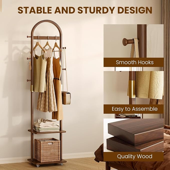 15.9" Narrow 3-in-1 Rolling Clothing Rack,Wooden Coat Rack with Wheels, 2 Shelves and 5 Hooks, Solid Rubber Wood Coat Rack with Shelves for Entryway, Bedroom, Living Room, Walnut