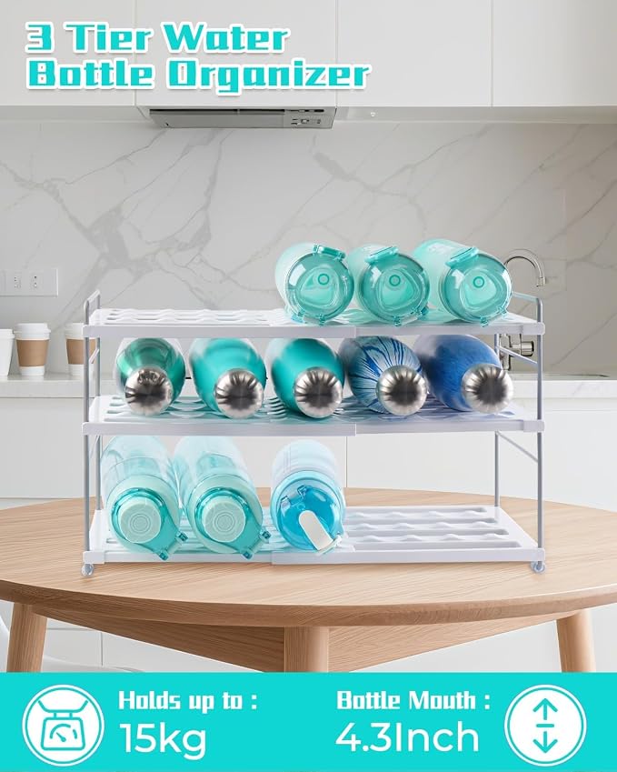 Cirhy 3-Tier Expandable Water Bottle Organizer Holder for 12-40oz Tumblers | Adjustable Cup Organizer Rack for Stanley, Owala and Yeti Oragnizer, Kitchen Cabinets and Pantry Organization