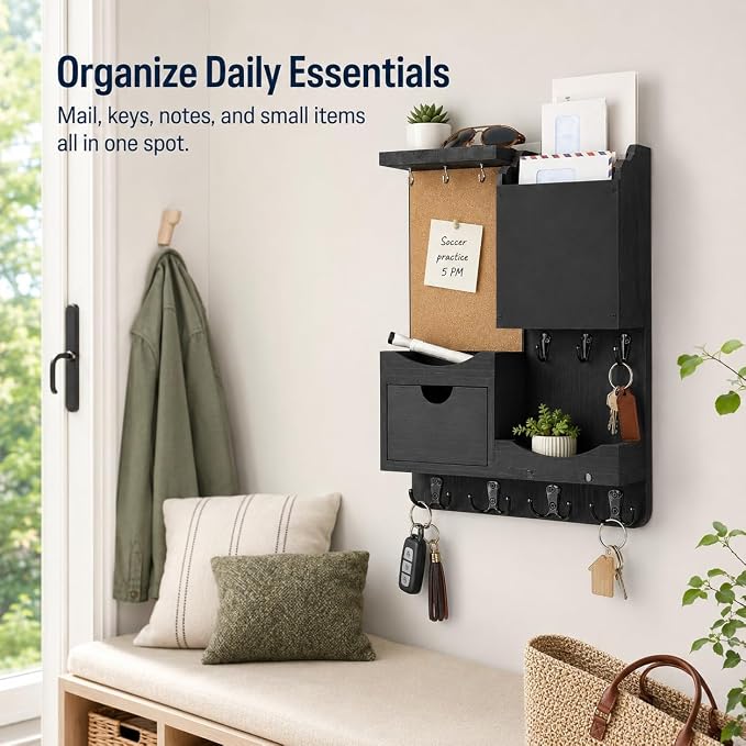 Key Holder Wall Mount, Mail Organizer Key Holder for Wall with Shelf, Drawer, Chalkboard, Corkboard, Home Decor Mounted for Room Entryway (Black)