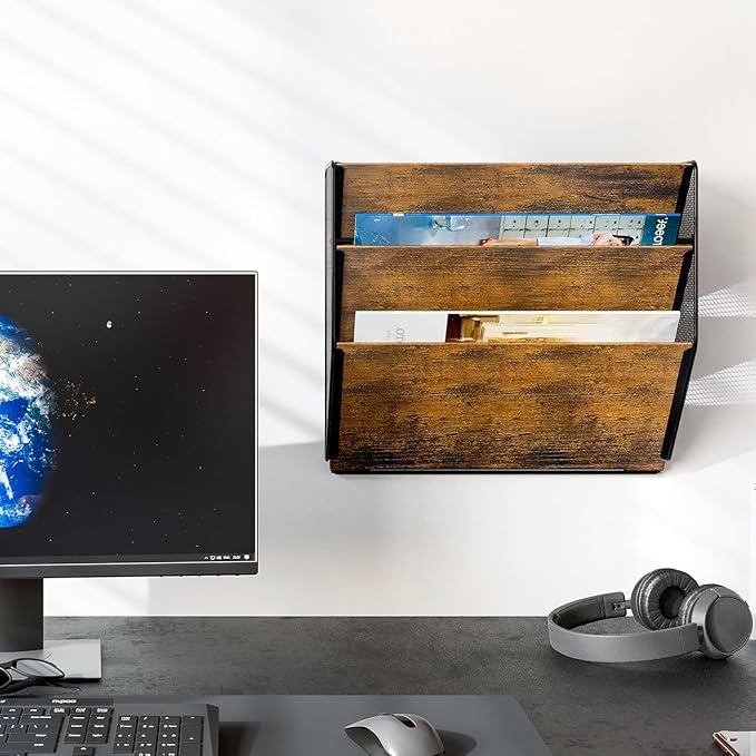 Wall File Organizer for Office, 3-Tier Rustic Hanging File holder Wall Storage Rack for Documents/Magazine/Literature/File Folders/Mails/Envelopes, Brown