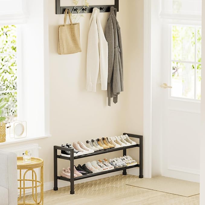 Mavivegue Expandable Shoe Rack, 2-Tier 19"-43.3" Adjustable Shoe Rack for Closet,Hall Entryway,Front Door,Garage, Sturdy Steel Space-Saving Rack, Black