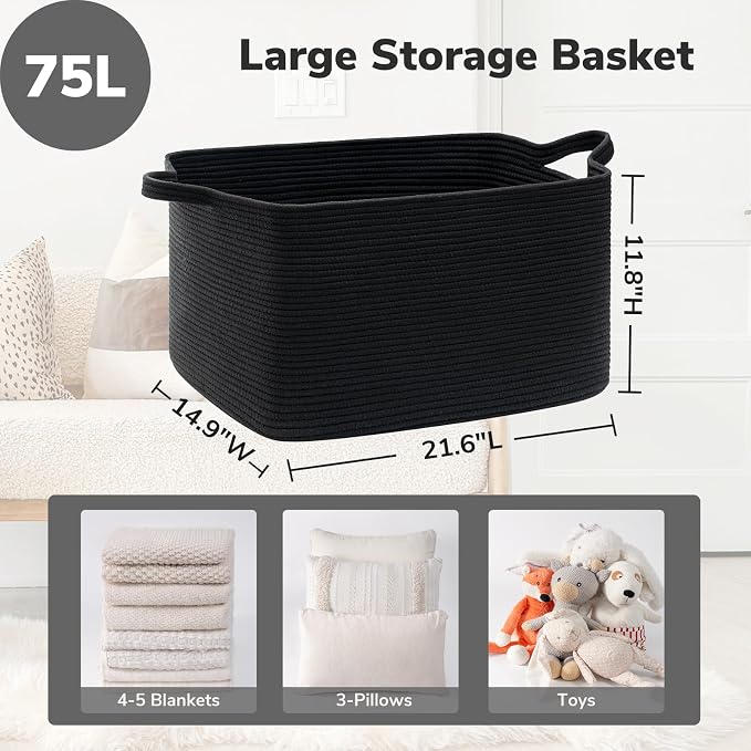Goodpick Large Woven Blanket Storage Basket, Rectangle Storage, Black | 21.6 x 14.9 x 11.8 in, Reinforced Handles, Blankets, Toys & Pillows Storage, Living Room, Bedroom & Nursery Organization