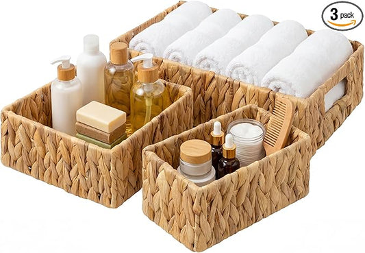 Granny Says Wicker Baskets For Shelves, Large Water Hyacinth Baskets | Small Woven Storage Baskets for Shelf, Rattan Basket For Organizing, Wicker Basket Set, 3-Pack Small Waterproof Baskets