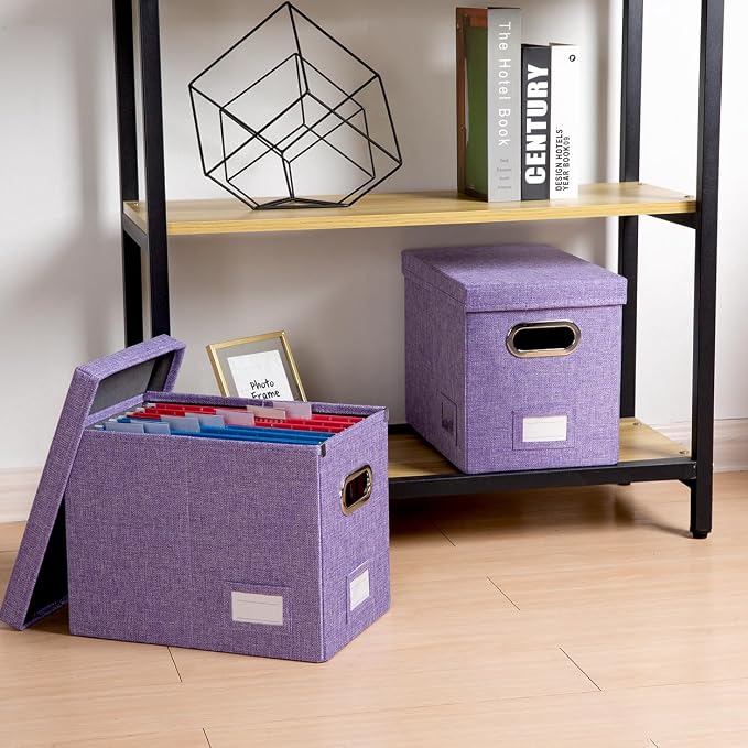 File Organizer Box - Set of 1 Collapsible Decorative Linen Filing Storage Hanging File Folders with Lids Office Cabinet Letter Size Purple (14x9.3x10.8 inch)