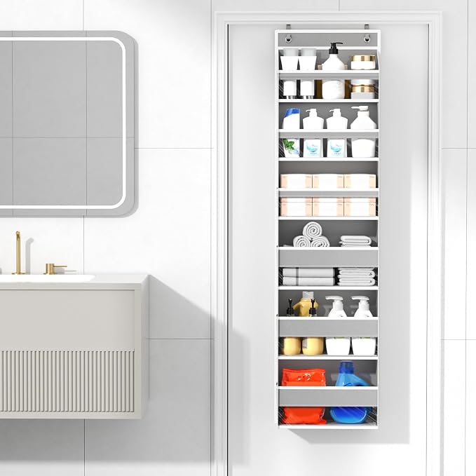 6 Tiers Over The Door Organizer, Behind The Door Storage Hanging Shelves | Heavy Duty Hanging Organizer Storage with Large Capacity Pockets for Closet Wall Bathroom Bedroom Nursery Pantry, 1 Grey