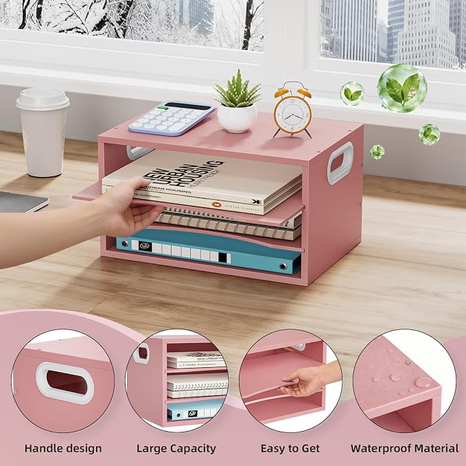 Marbrasse 3 Tier Wood Desk Organizer,Desk Paper Letter Tray Organizer，Pink | Wooden Desktop File Organizer with Handle and Paper Sorter Mail Holder for Office School & Home Supplies Organization