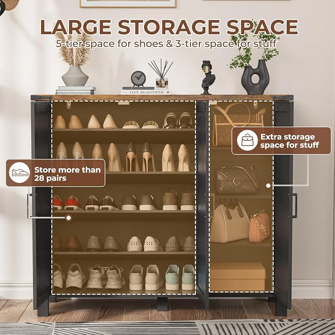 ALLSTAND 5-Tier Shoe Storage Cabinet, Farmhouse Shoe Rack Organizer Cabinet with 4 Adjustable Shelves & Side Cabinets, Freestanding Shoe Cabinet Storage with Anti-tip Fitting for Entryway, Black