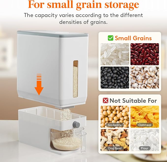 Lifewit Rice Dispenser 25 Lbs(11.3kg), Rice Storage Container Sealed Moisture Proof with Measuring Cup for Kitchen Pantry Household, BPA-Free, 1 Pack White