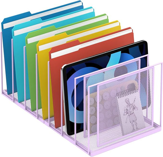 File Organizer For Desk, 7 Section Metal Desktop File Sorter,Purple | Desk file organizer, connectable 7 section design, 2.17 in spacing, vertical folder storage for home office and classroom