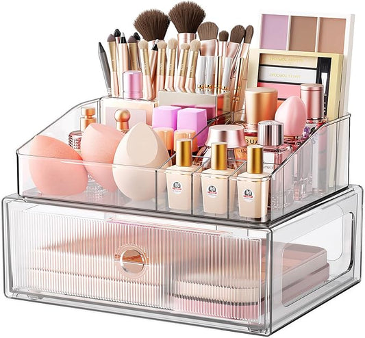 2 Tier Clear Makeup Organizer with Drawer, PET Cosmetic Storage for Dresser, Countertop & Bathroom Vanity, Holders for Lipstick, Brushes, Skincare & Beauty Supplies